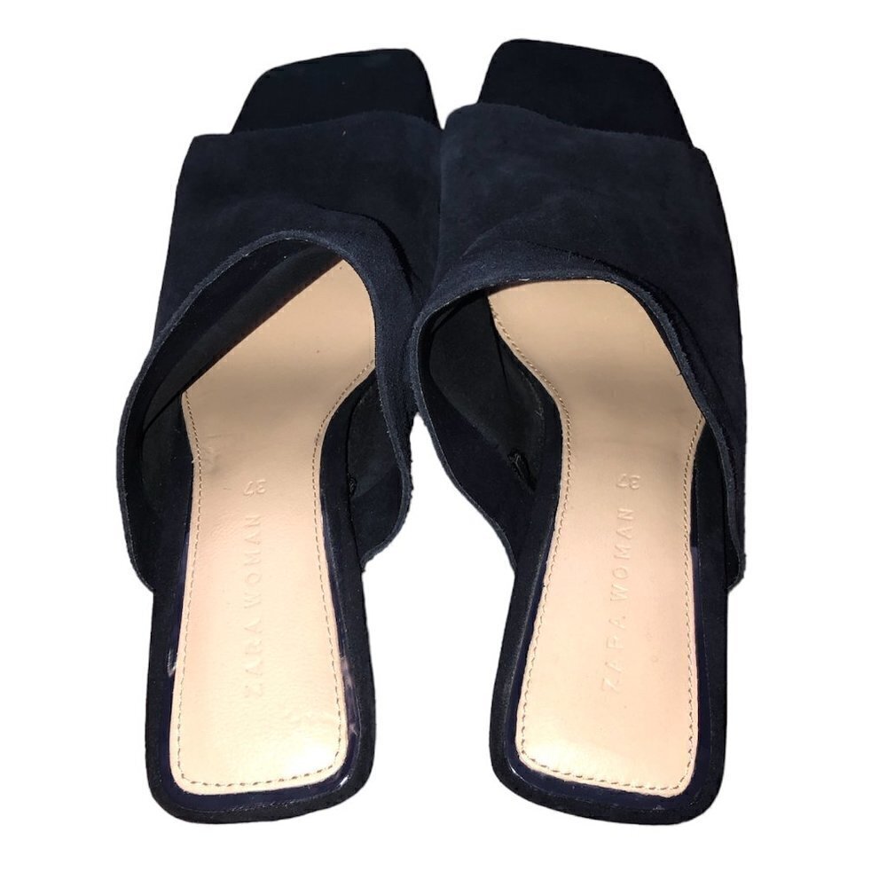ZARA WOMAN Mule Heels Women's Size 6.5 Blue Square Toe Slip On  Faux Suede - Picture 9 of 12